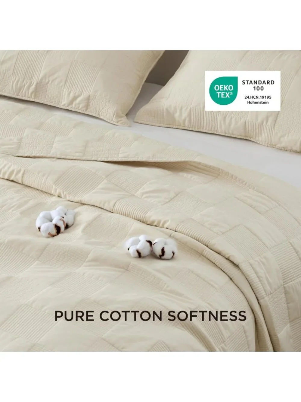 100% Cotton King Quilt Set, Checker Pattern, Soft Beige Comforter for Cozy
